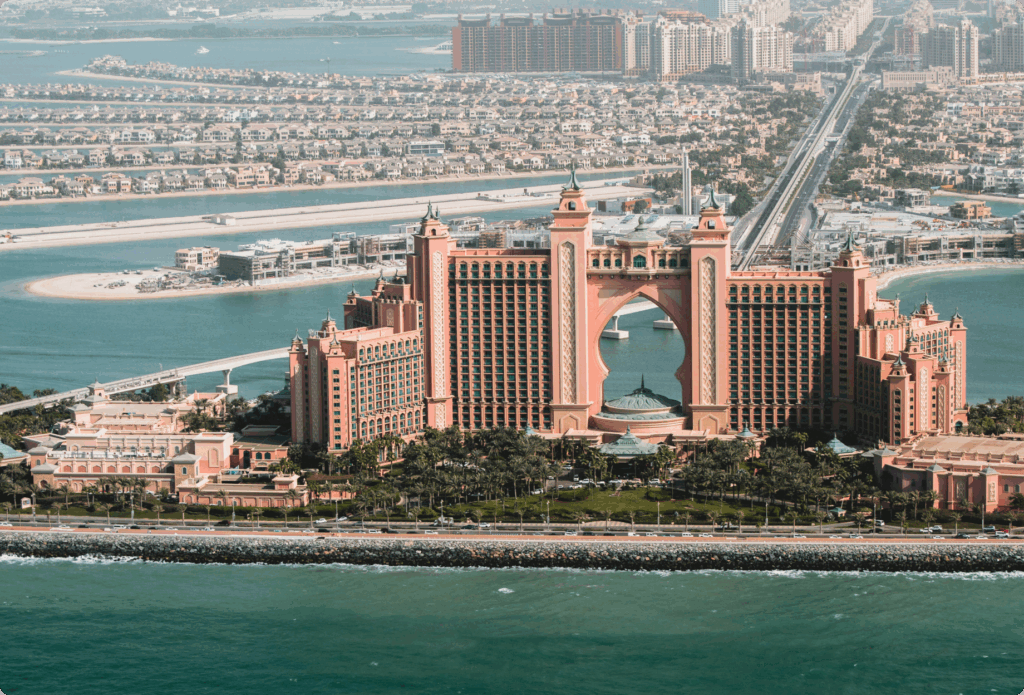 Aerial view of Atlantis Hotel and Palm Jumeirah in Dubai, showcasing luxury lifestyle linked to crypto company formation opportunities.