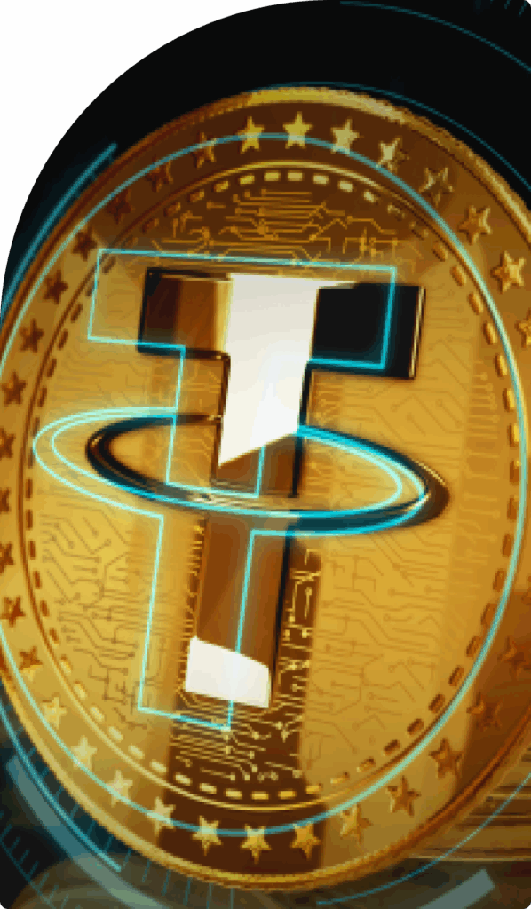 Close-up of a glowing digital Tether coin, representing blockchain assets and virtual currency in crypto company formation processes.