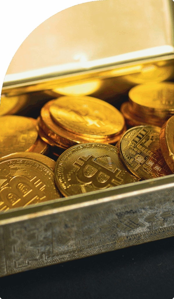 Close-up of shiny Bitcoin coins in an ornate box, symbolising asset protection and wealth management under a UAE trust structure.