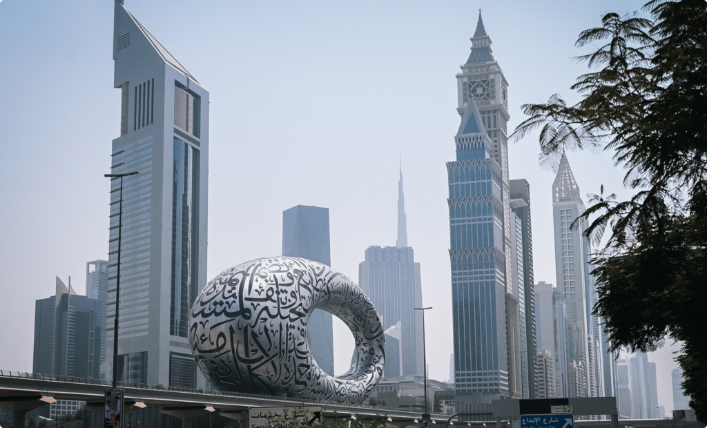 A breathtaking view of Dubai’s iconic skyline featuring the Museum of the Future, Emirates Towers, and Burj Khalifa, symbolizing innovation, business growth, and modern architecture.