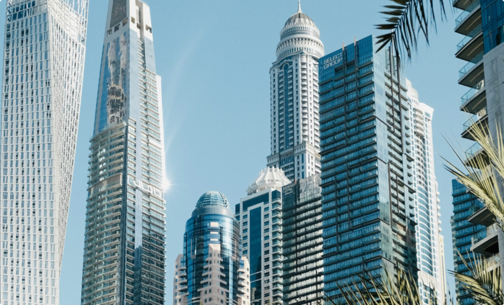 A striking view of Dubai’s high-rise business district, showcasing modern skyscrapers and real estate investment opportunities in one of the world's leading financial hubs.