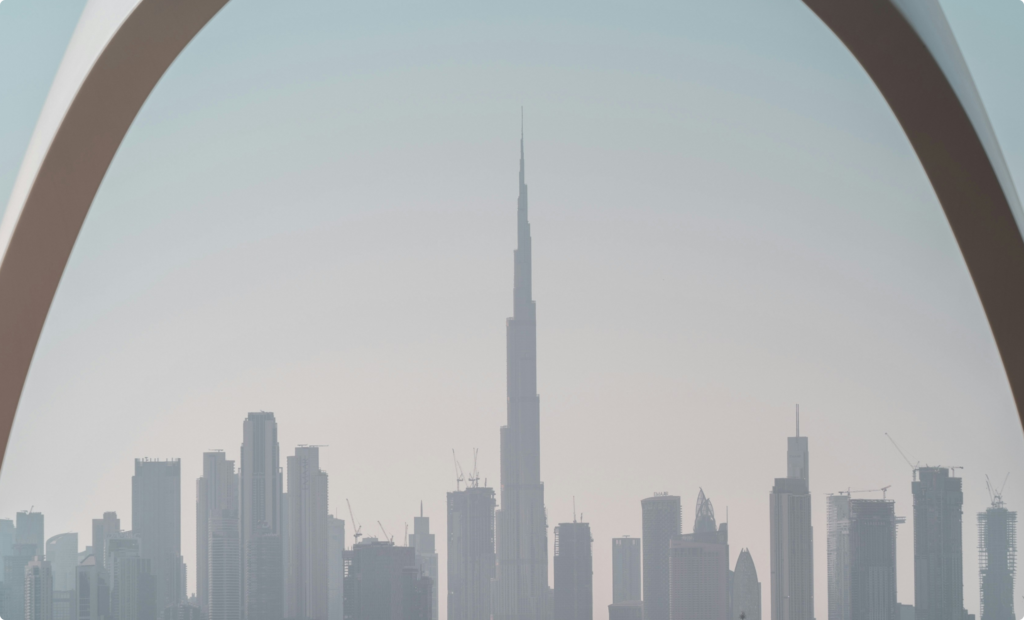 A breathtaking view of Dubai’s skyline from Creek Harbour, showcasing modern architecture, luxury living, and business expansion opportunities in the UAE.