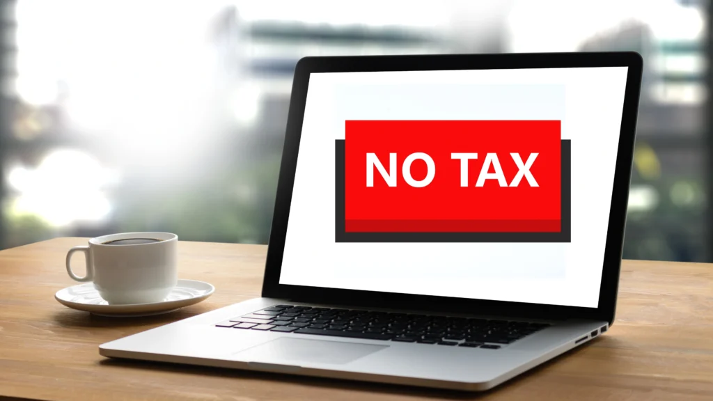 a graphic on a laptop that says no tax