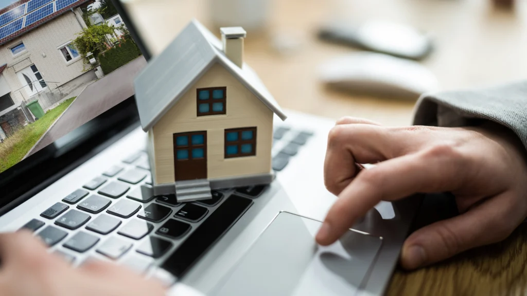 a small house on top of a laptop to symbolise real estate property