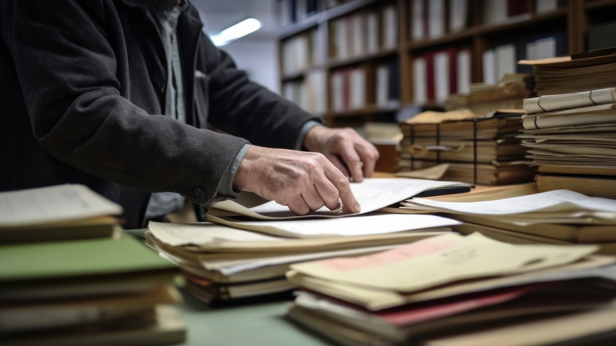 someone going through files and documents on a table