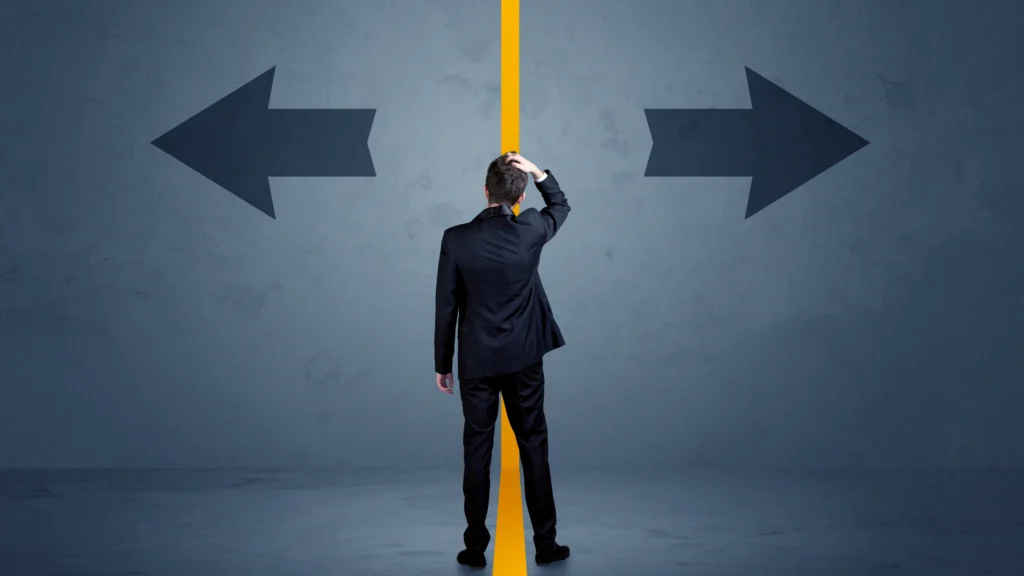 a businessman struggling to choose between two doors
