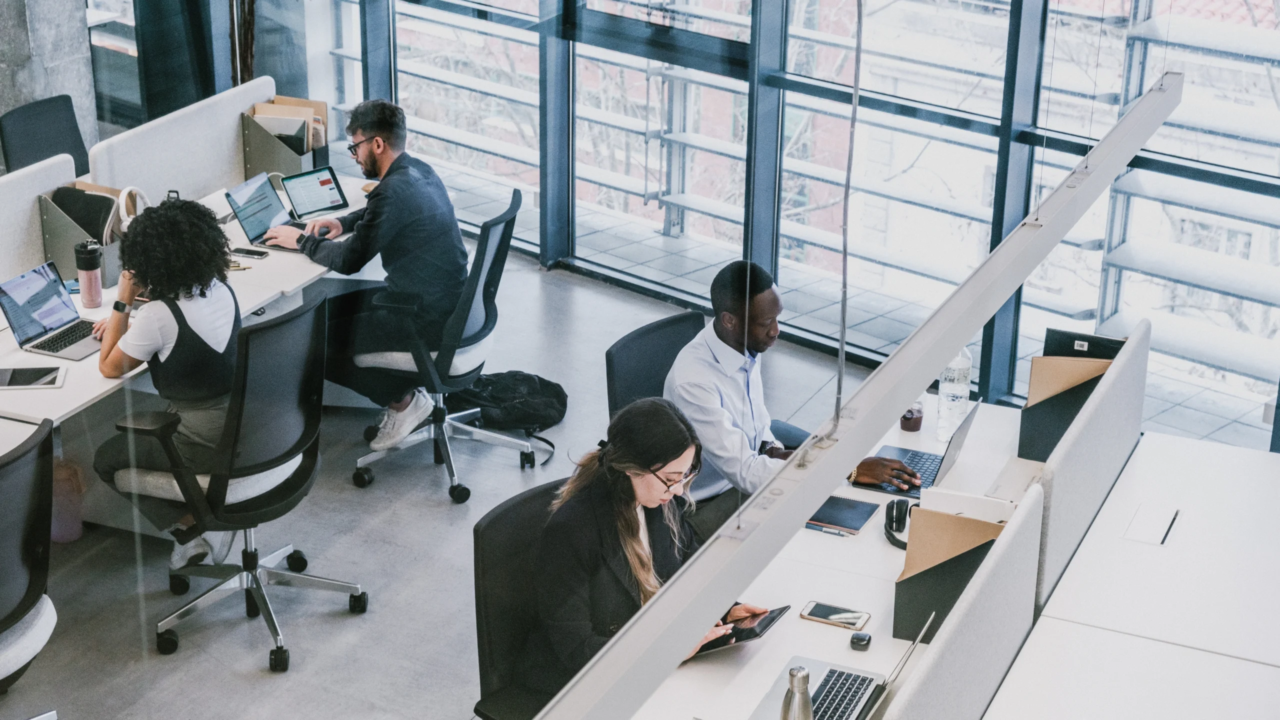 A group of workers in an office sitting at their desks and doing their jobs