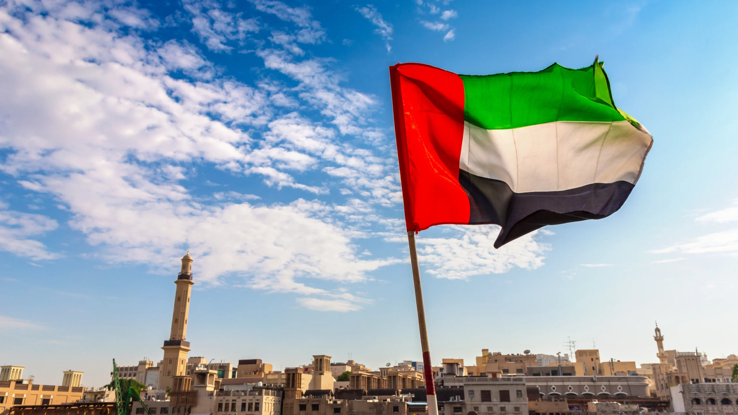 the UAE flag flying on a pole with the backdrop of a UAE city