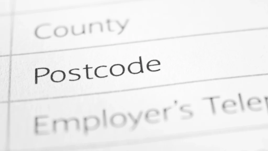 the word postcode in focus on a screen