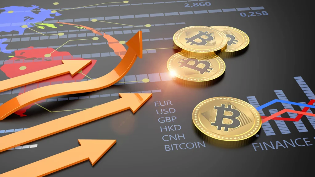 a graphic showing arrows rising up and physical bitcoin tokens